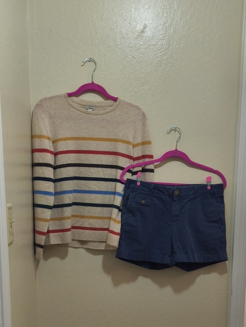 Striped Sweater in Cream with Multicolor Stripes Paired With Cute Blue Shorts